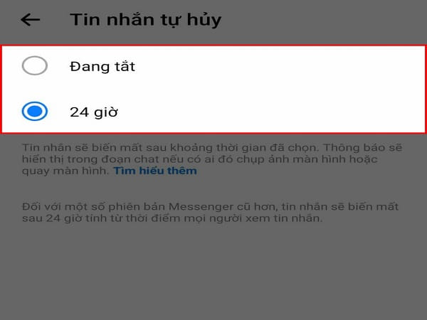 cách bật chế độ tin nhắn tự hủy trên Messenger:Lựa chọn thời gian tự hủy