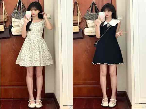 Đầm liền thân dáng xòe cùng giày búp bê 